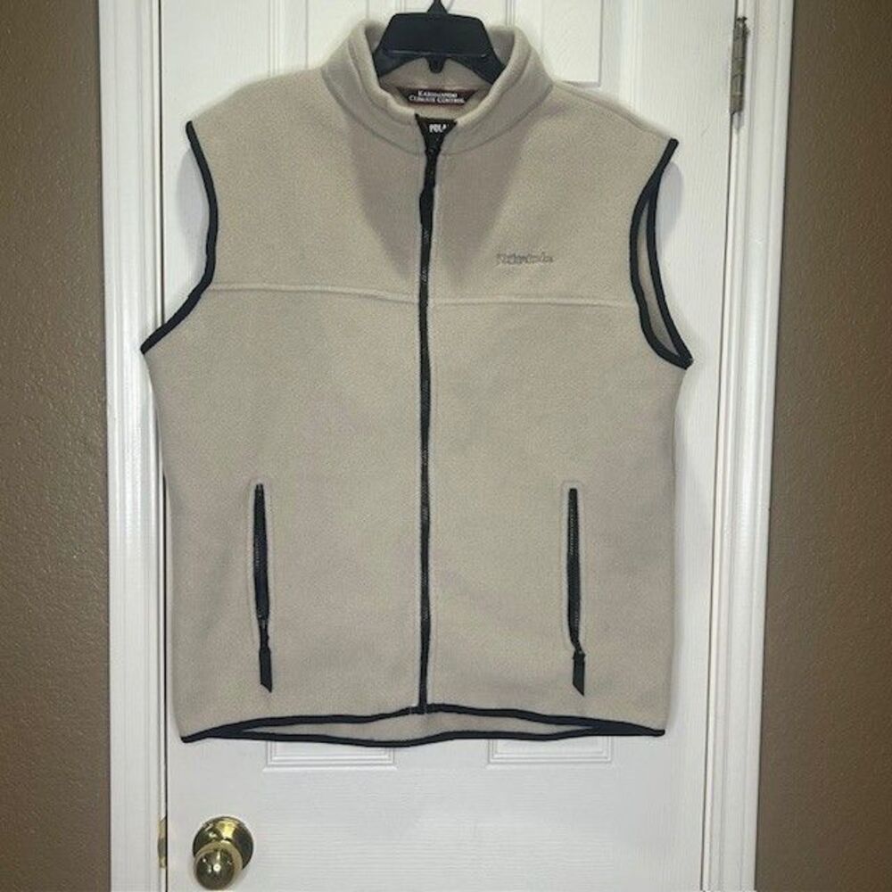 Kathmandu Polartech Climate Control Y2K Men M Tan Black Trim Zip Up Fleece Vest